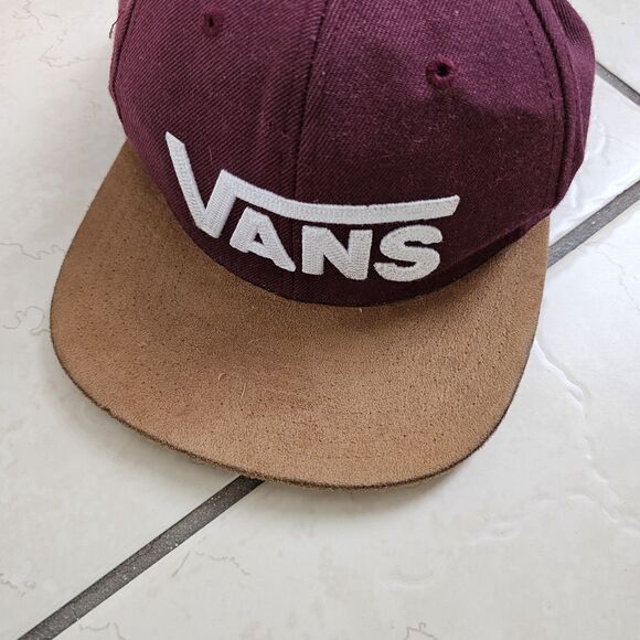 VANS Baseball Cap Suede Bill Brown And Maroon Snapback Adjustable Logo Text - Picture 1 of 8